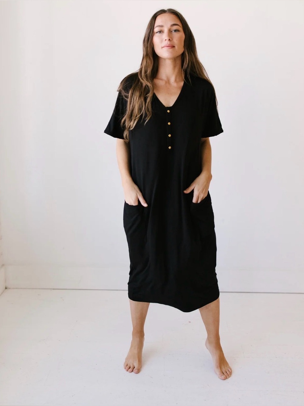 Dwell & Slumber ONYX COCOON Black Midi Stretch Maternity Dress Size Medium Large